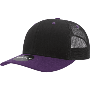 A black and purple 6-panel mid-profile structured trucker cap with mesh sides and a branded tag.