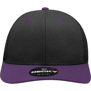 A structured trucker cap in black with a purple peak, featuring a logo on the front.