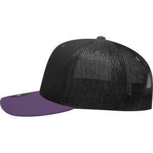 A black and purple 6 panel mid profile structured trucker cap with a mesh back and a curved brim.