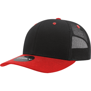 A black and red structured trucker cap featuring mesh panels and a branded tag on the side.