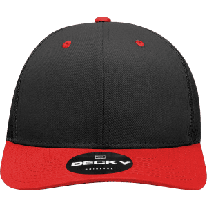 A black and red 6-panel mid-profile structured trucker cap with a branded logo on the front.