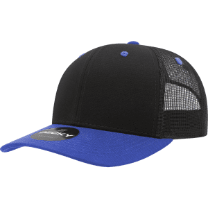 A structured trucker cap in black and blue, featuring a mesh back and a curved brim. It has a logo on the front.