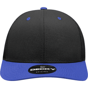 A black and blue 6-panel mid-profile structured trucker cap with a logo on the front.