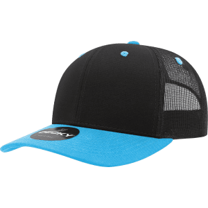 A black and blue structured trucker cap featuring a mesh back and flat brim, including a logo on the front.