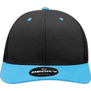 A black trucker cap with a blue brim and a logo on the front.