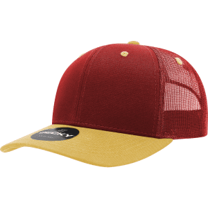 A red and yellow 6-panel mid-profile structured trucker cap featuring a mesh back and a brand logo.