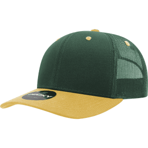 A green and yellow 6-panel mid-profile structured trucker cap with a mesh back and a branded tag.