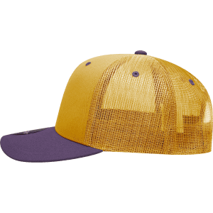 A yellow and purple 6 Panel Mid Profile Structured Trucker cap with a mesh back and a curved visor.