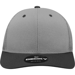 A grey 6-panel mid-profile structured trucker cap with a darker grey peak and a logo on the front.