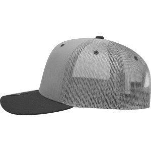 A grey and black 6 panel mid profile structured trucker cap featuring a mesh back and a branded logo.