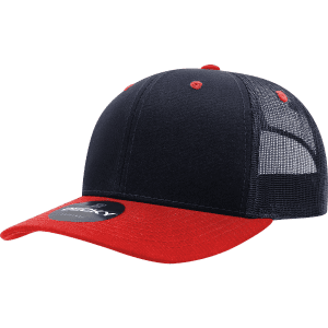 A navy blue and red structured trucker cap with a mesh back and a logo.