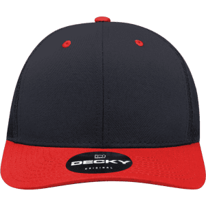 A structured trucker cap in navy blue with a red peak and an attached logo on the front.