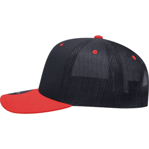 A black and red 6-panel mid-profile structured trucker cap with a mesh back and a curved brim.