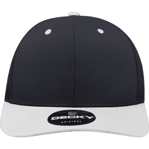 A structured trucker cap in navy blue with a white brim, featuring a logo on the front.
