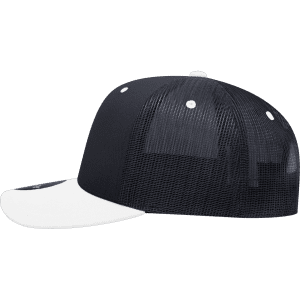 A structured trucker cap in black with a white visor and mesh back, featuring a logo on the front.