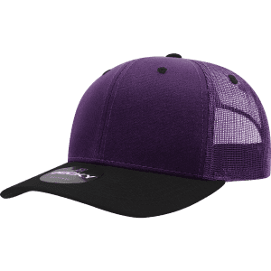 A purple and black structured trucker cap with a mesh back and a logo on the front.
