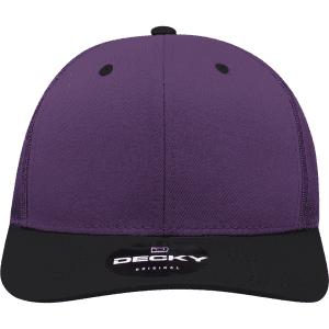 A structured trucker cap featuring a purple front and a black visor, with a logo on the side.