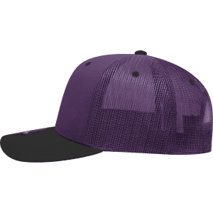 A purple and black 6 Panel Mid Profile Structured Trucker cap with a mesh back and a flat brim.