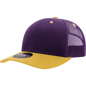A purple and yellow 6-panel mid profile structured trucker cap featuring a mesh back and a logo.