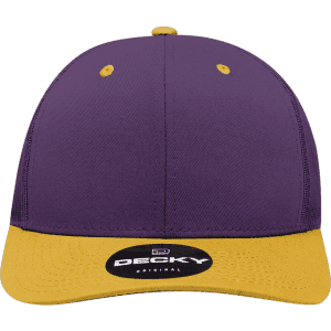 A purple and yellow structured trucker cap with a logo on the front panel.