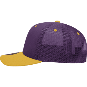 A purple and yellow 6-panel mid profile structured trucker cap with a mesh back and a rounded peak.