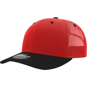 A red and black 6 panel mid profile structured trucker hat with a mesh back and a branded tag.