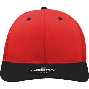 A red and black structured trucker cap featuring a logo on the front.