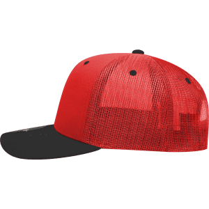 A red and black 6 panel mid-profile structured trucker hat featuring a mesh back and a logo.