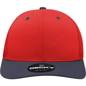 A red and navy structured trucker cap with a branded logo on the front.