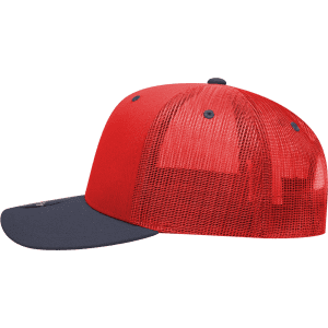 A structured trucker cap in red with a navy peak and mesh back, featuring a branding logo.