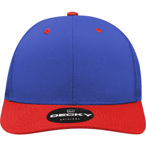 A structured trucker cap featuring a blue crown and a red visor, with a logo on the front.