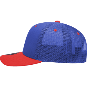 A blue and red 6 panel mid-profile structured trucker cap with a mesh back and a logo.