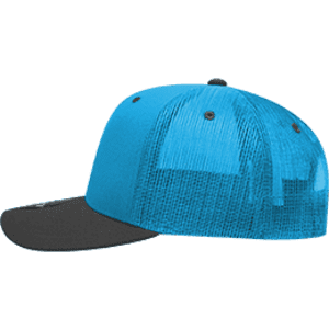 A structured trucker cap in bright blue with a black brim and mesh back, featuring a logo on the front.