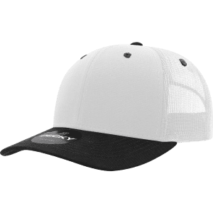 A structured trucker cap in white with a black peak and mesh back, featuring a logo on the front.