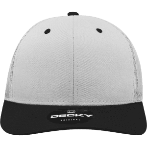 A structured trucker cap in grey with a black brim and a logo.