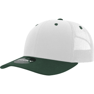 A structured trucker cap in white with a dark green peak and mesh back, featuring a logo.
