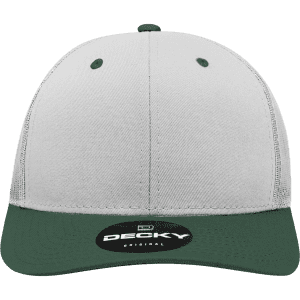 A grey and green 6 panel mid-profile structured trucker cap with a logo on the front.