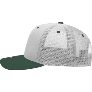 A grey and green 6-panel mid profile structured trucker cap with a mesh back and curved visor.