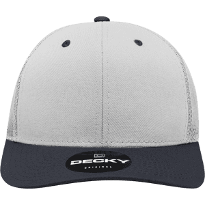 A structured trucker cap in grey and navy, featuring a logo on the front.