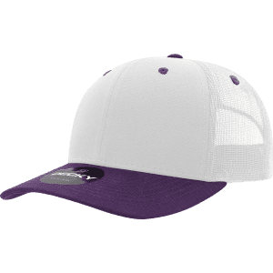 A white and purple 6-panel mid-profile structured trucker cap with a mesh back and a logo on the front.
