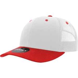 A structured trucker cap featuring a red peak and white mesh rear. It includes a logo on the front panel.