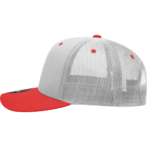 A grey and red structured trucker cap with a mesh back and a flat brim, featuring a logo on the front.