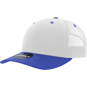 A structured trucker cap featuring a white front and blue peak, with mesh sides and a logo.