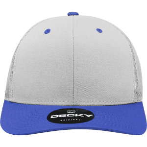 A grey and blue structured trucker cap featuring a curved peak and an inner branding label.
