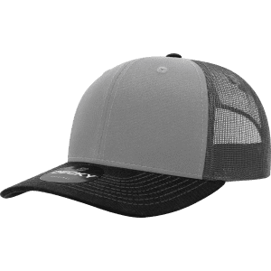 A grey and black 6-panel mid-profile structured trucker cap with mesh back and curved brim.