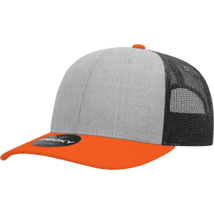 A grey and orange 6 Panel Mid Profile Structured Trucker cap with a mesh back and a logo on the front.