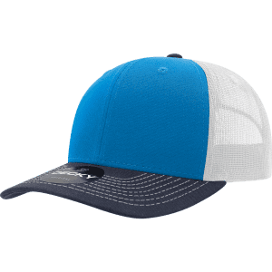 A blue and white 6-panel mid-profile structured trucker cap with a dark navy brim and a logo.