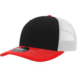 A structured trucker cap featuring a black front, red visor, and white mesh sides. Includes a logo.