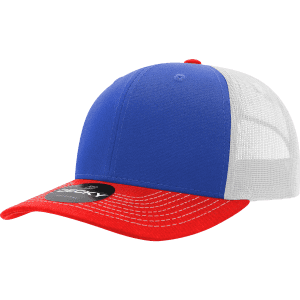 A structured trucker cap featuring a blue front, red brim, and a white mesh back. It has a logo on the side.