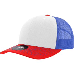 A structured trucker cap featuring a white front, red peak, and blue mesh sides, with a visible logo on the brim.
